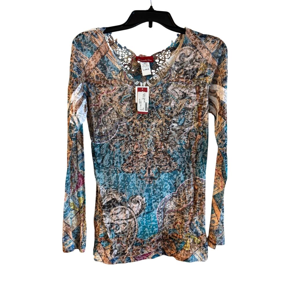 Panhandle Slim Women’s Long Sleeve Top Y2K Grunge Teal Bedazzled Large NWT boho